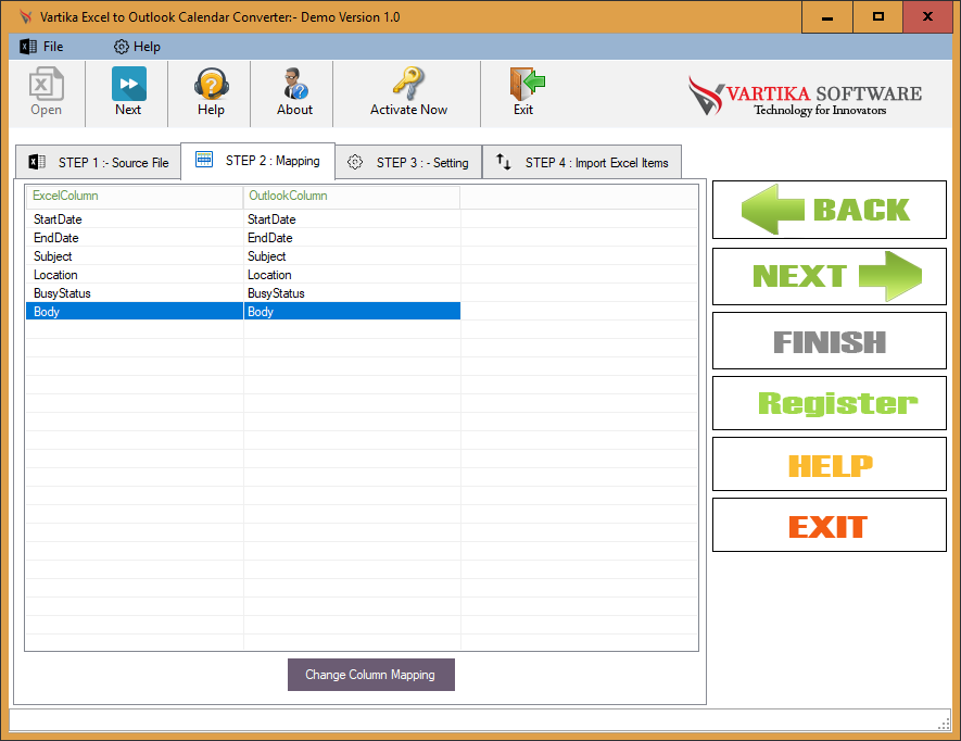 Mapping Excel Column between Outlook Calendar Field