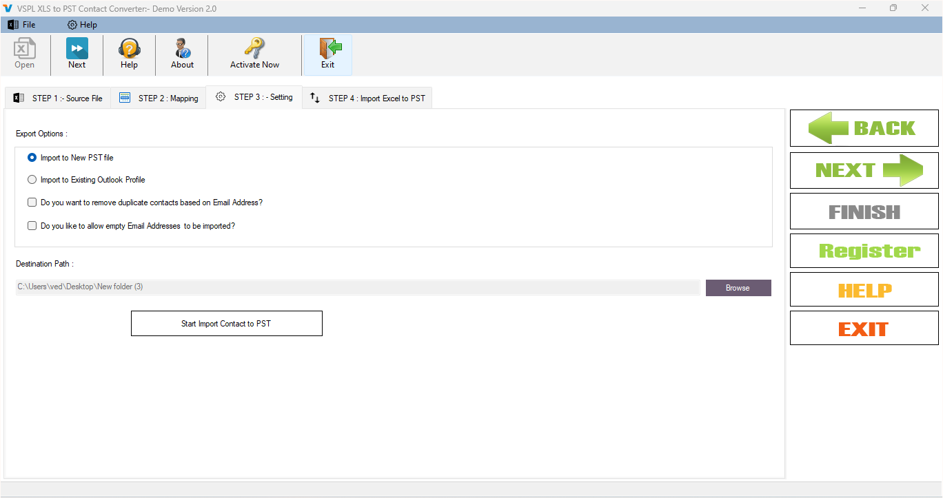 Save Excel to PST Contacts Data Setting - Select Destination Path
