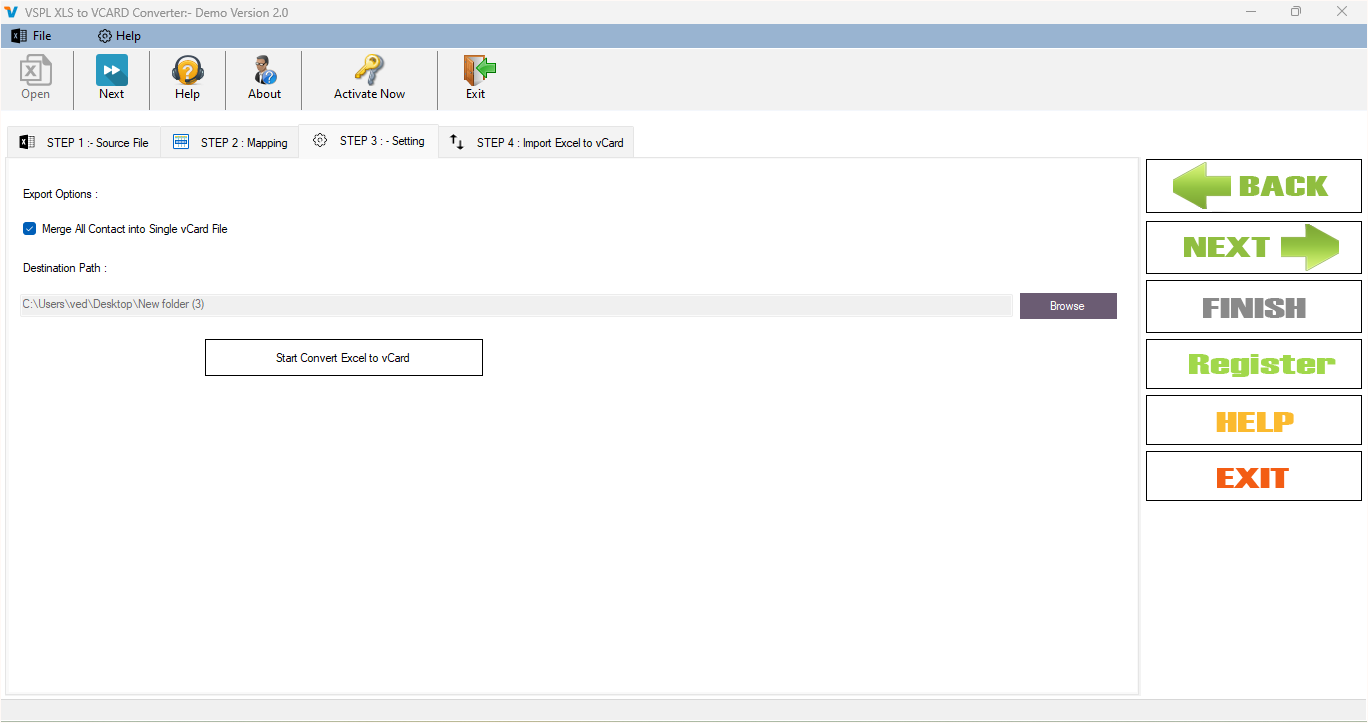 Save Excel to vCard Data Setting - Select Destination Path