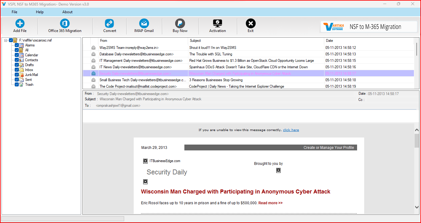 Vartika NSF to office365 Converter screenshot