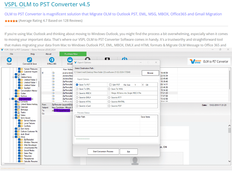 VSPL OLM to PST Converter screenshot