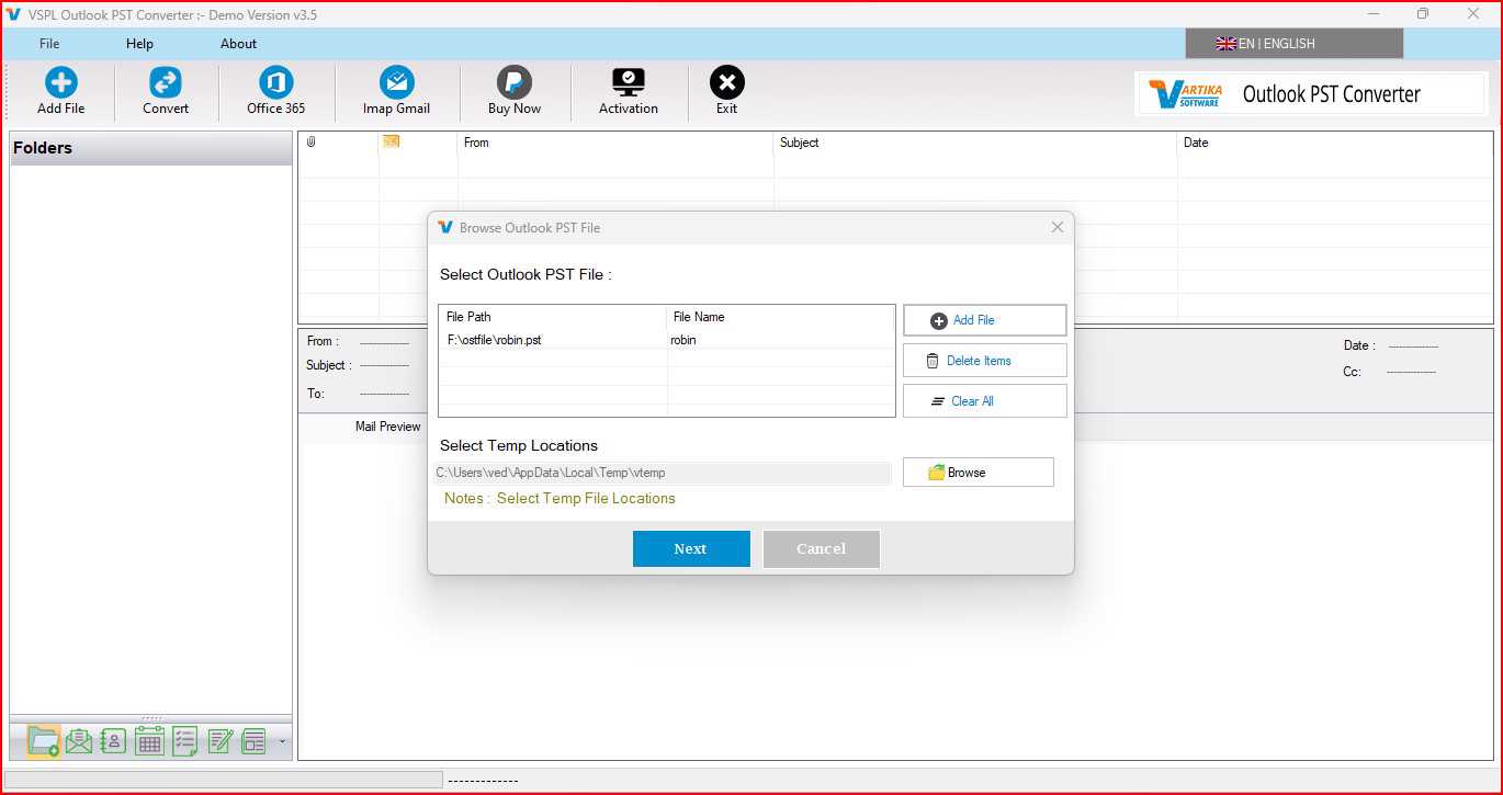 Select Outlook PST file