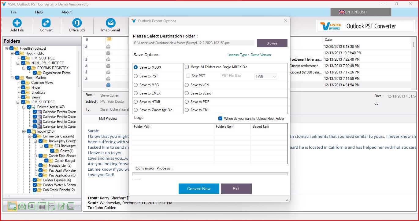 Export Options : Export PST Items into PST/EML/MSG/Office365 and HTML