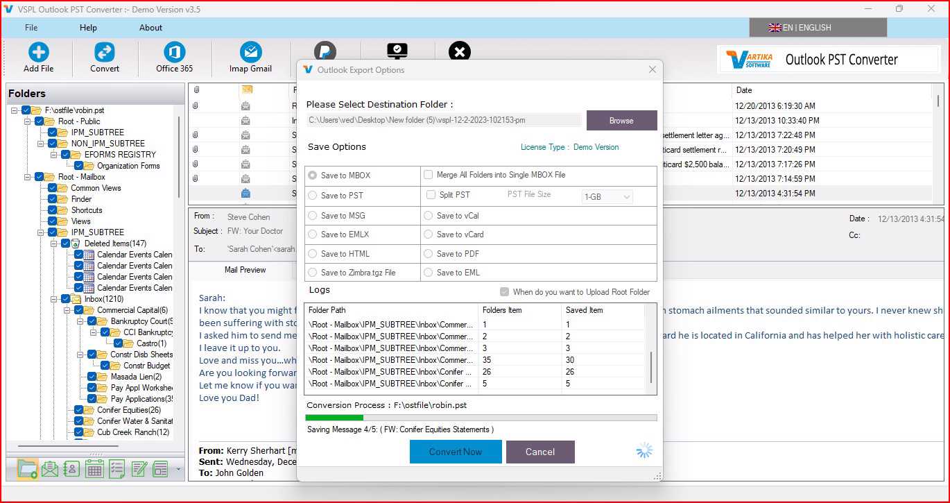 Migrate Outlook PST File: Saving Message Selected Export Options