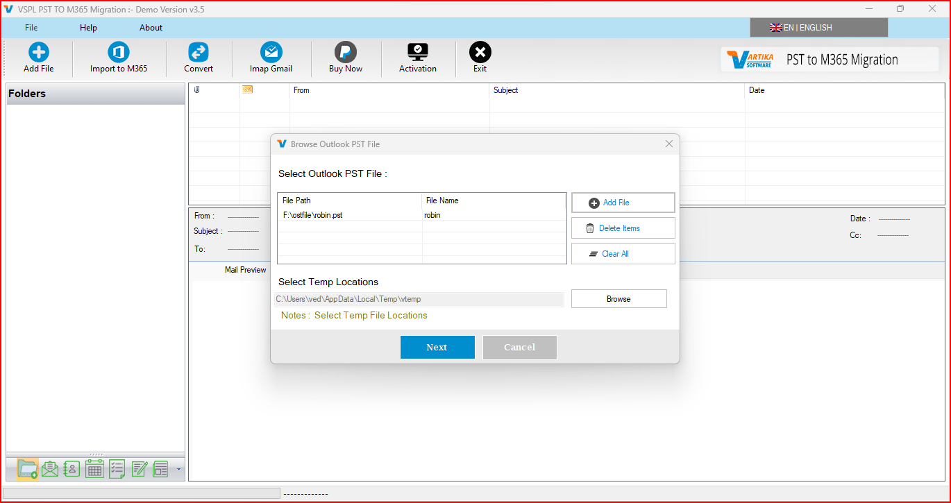 Select Outlook PST file