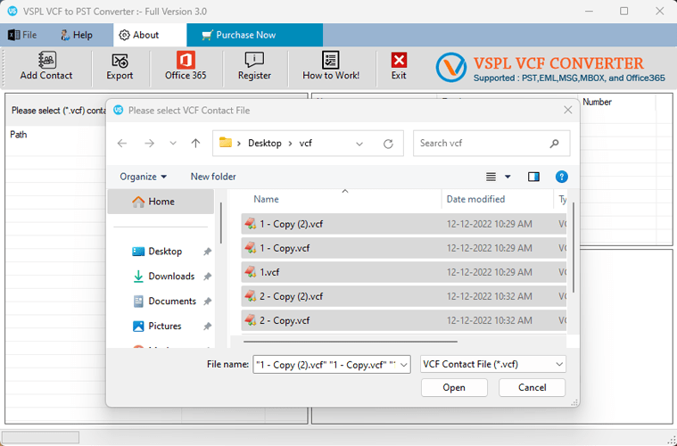 Select vcard file or folder