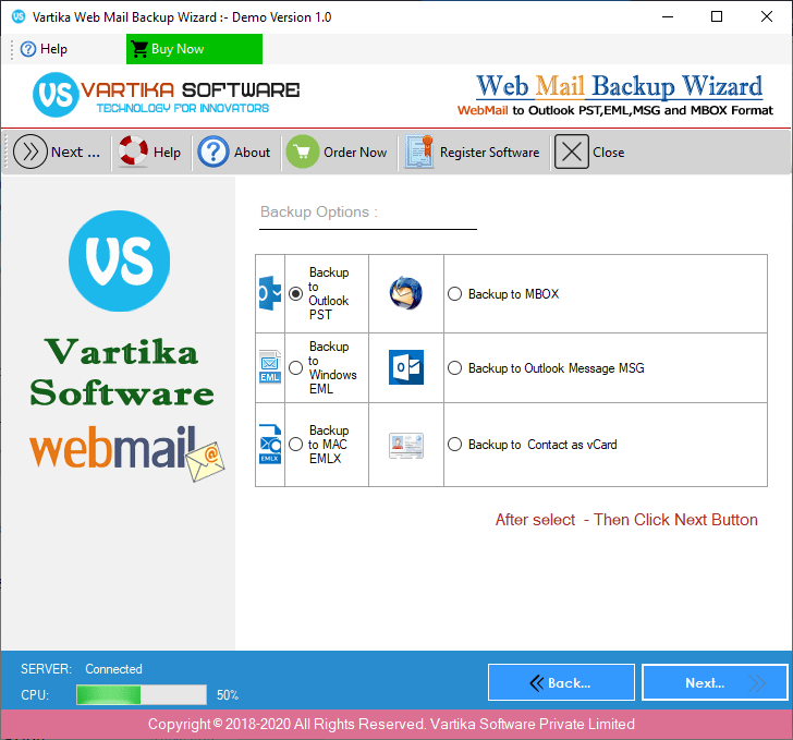 Backup Option : PST,EML,MSG and MBOX etc