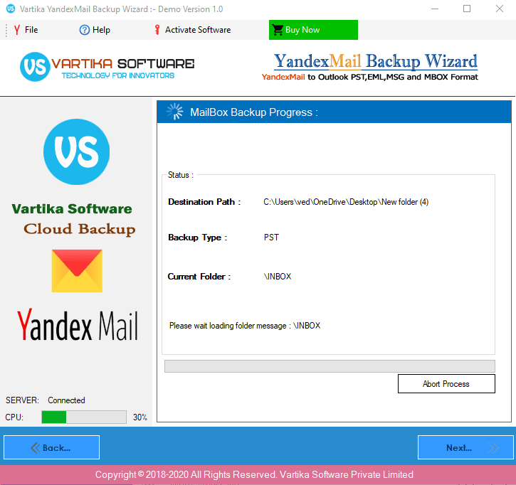 Start Yandex Account Backup process