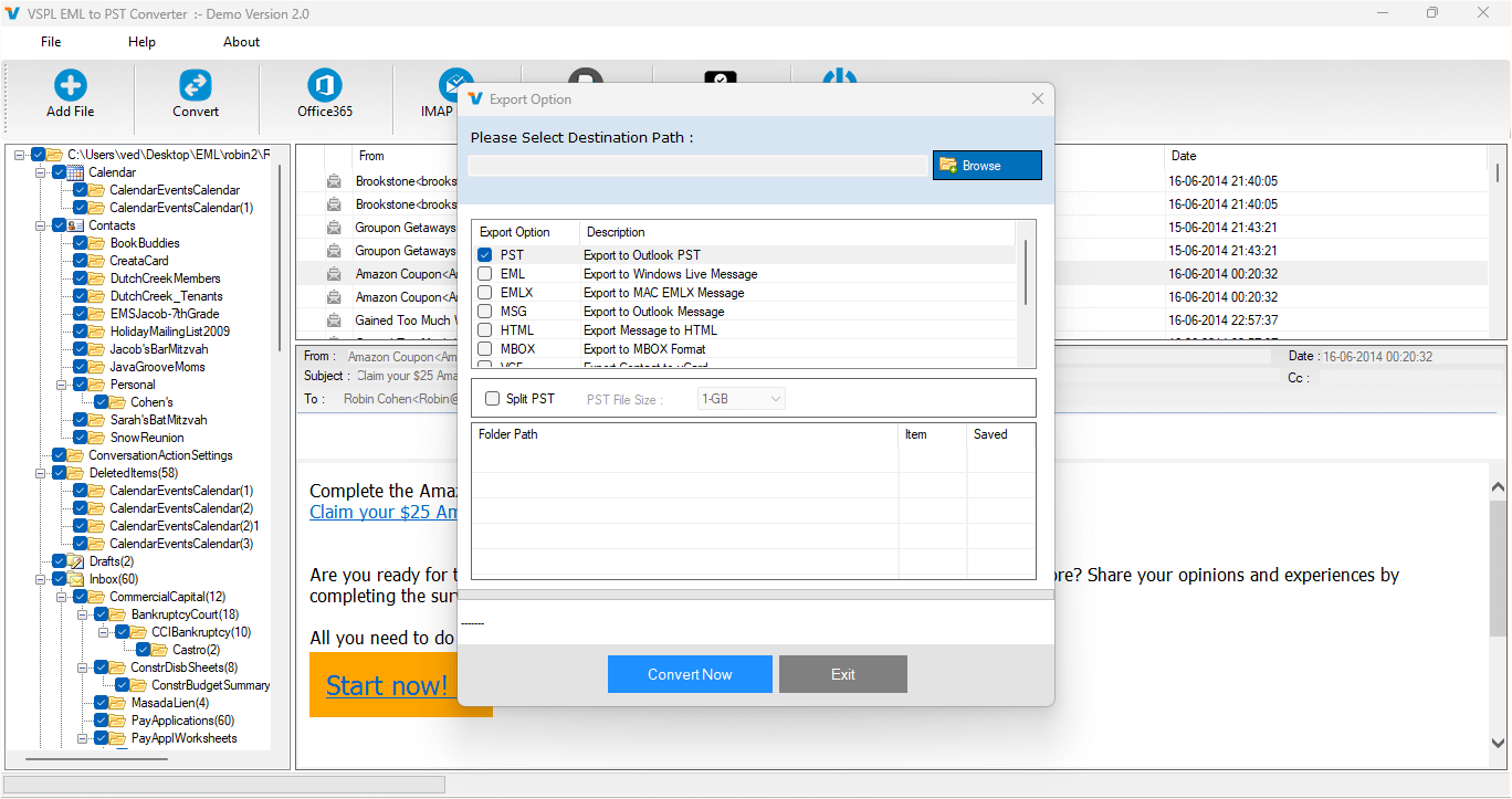 Export EML Items into PST/MBOX/MSG/Office365 and HTML