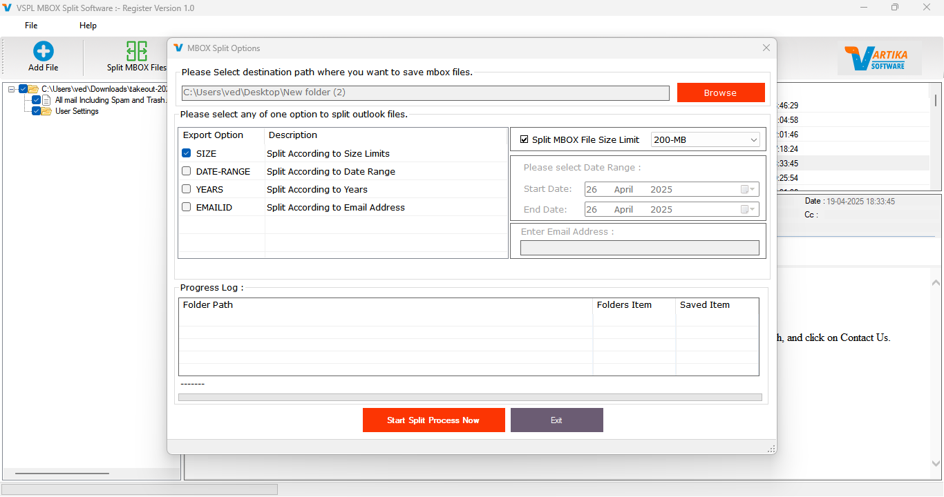 Split Option - Select Destination Path