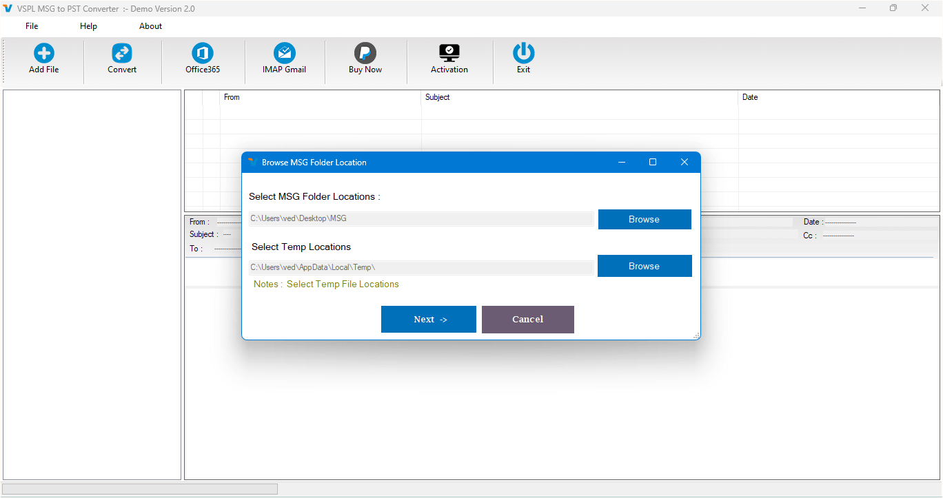 Browse or Select MSG Folder