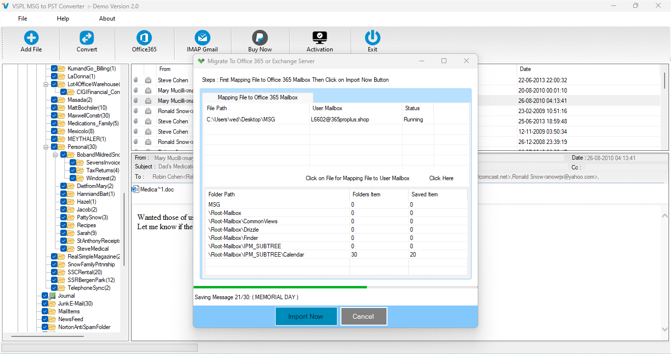 Login to Office365 Account and Importing MSG file to Office365 Account