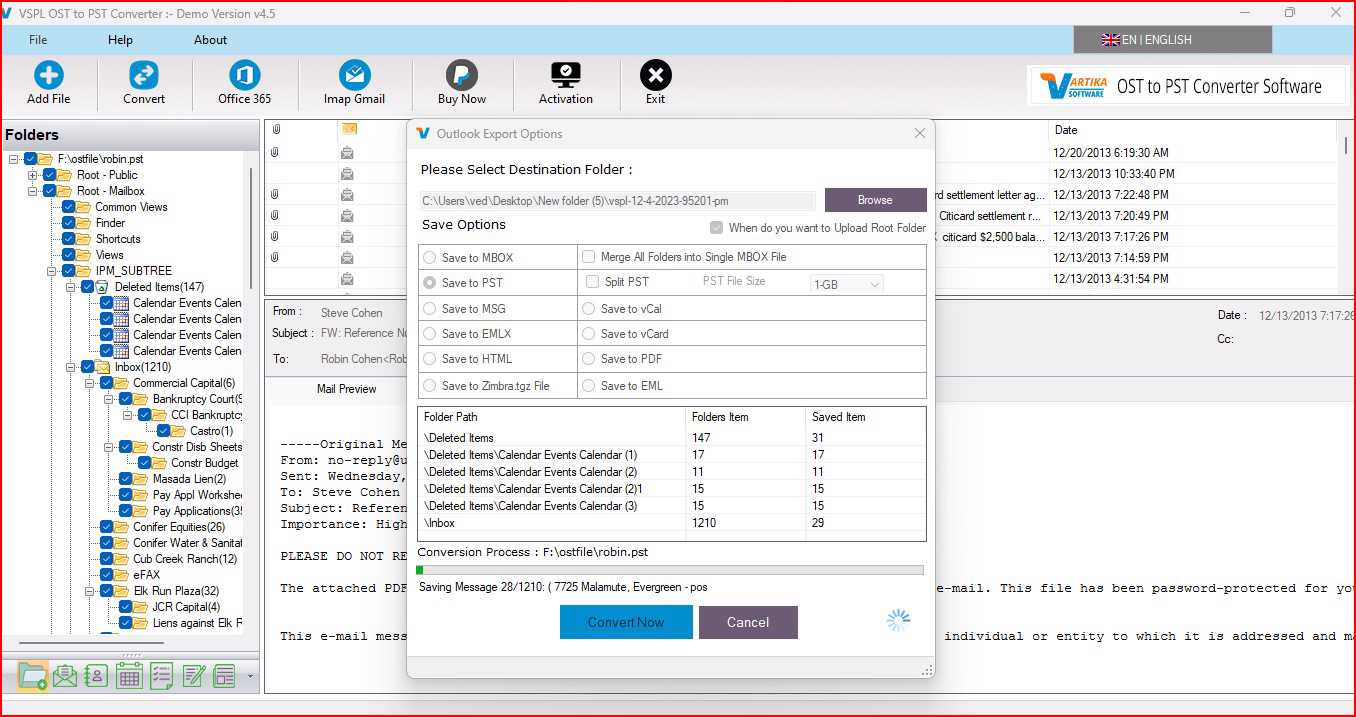 Export OST Items into PST/EML/MSG/Office365 and HTML