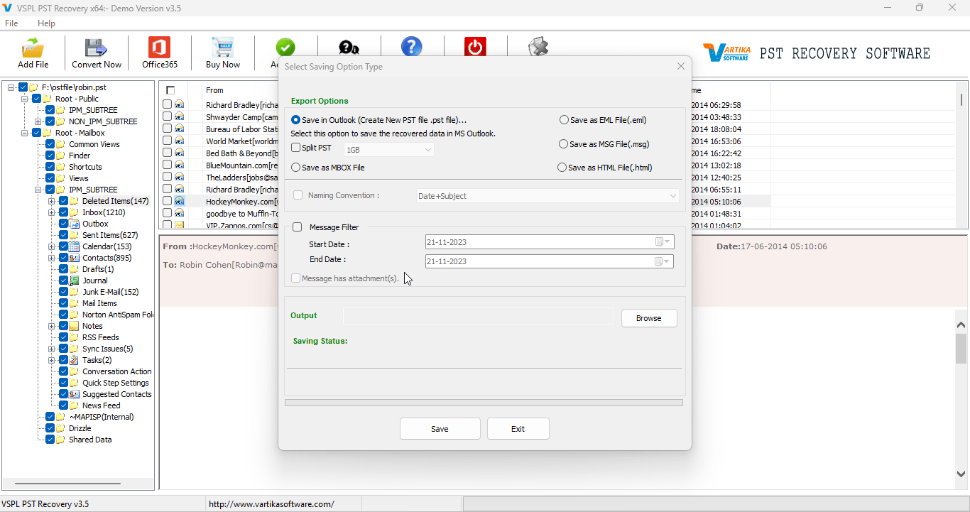 Export Options - PST/EML/MSG/Office365 and HTML