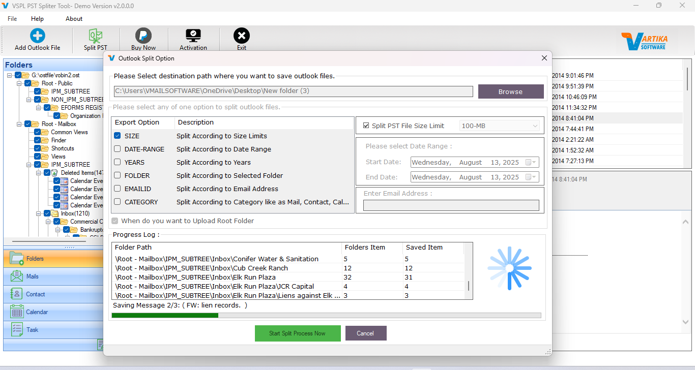 Start Outlook PST File Split Process