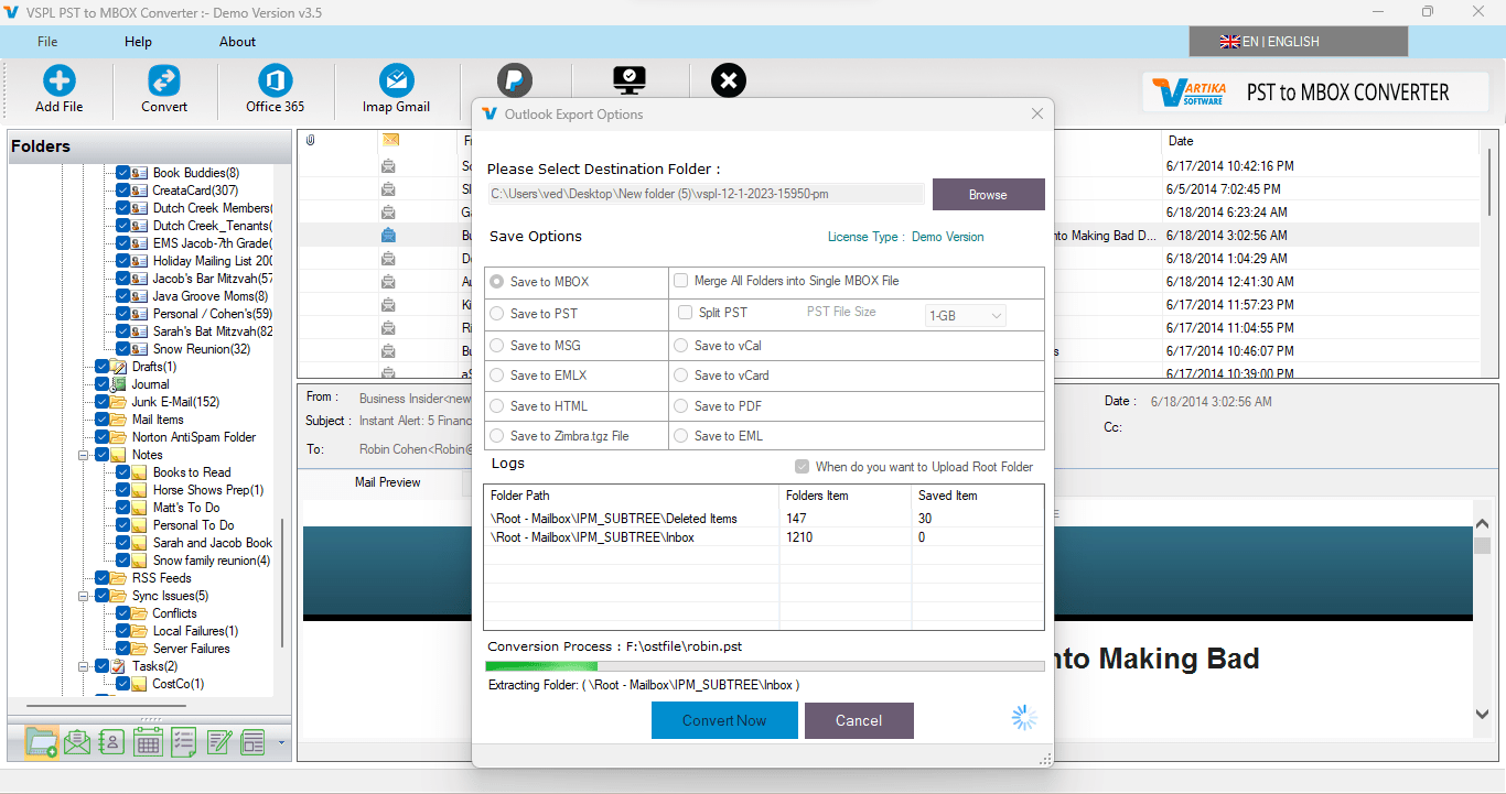 Message Export Progress Preview