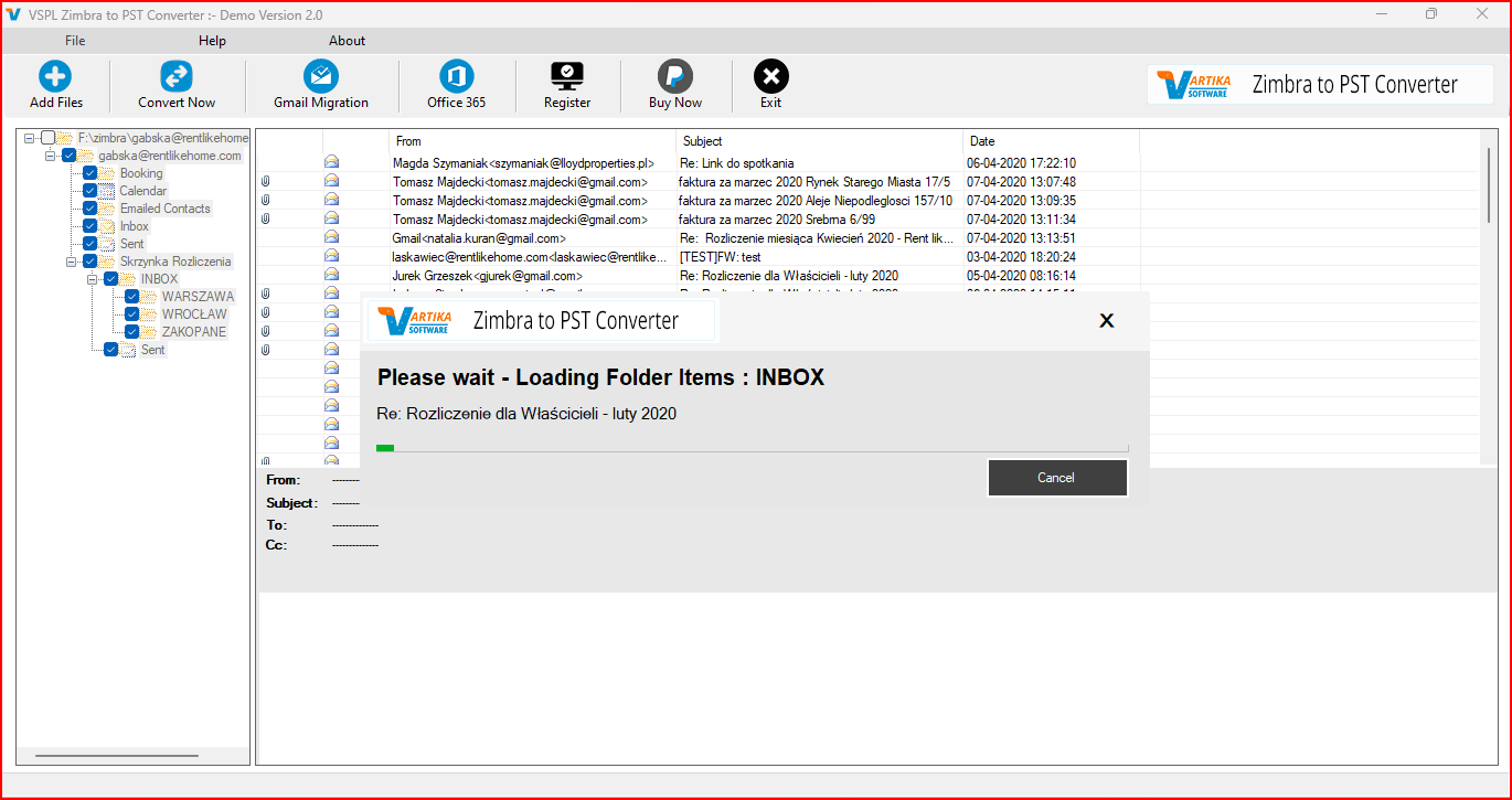 Click on Zimbra Folder Then Show Message List View